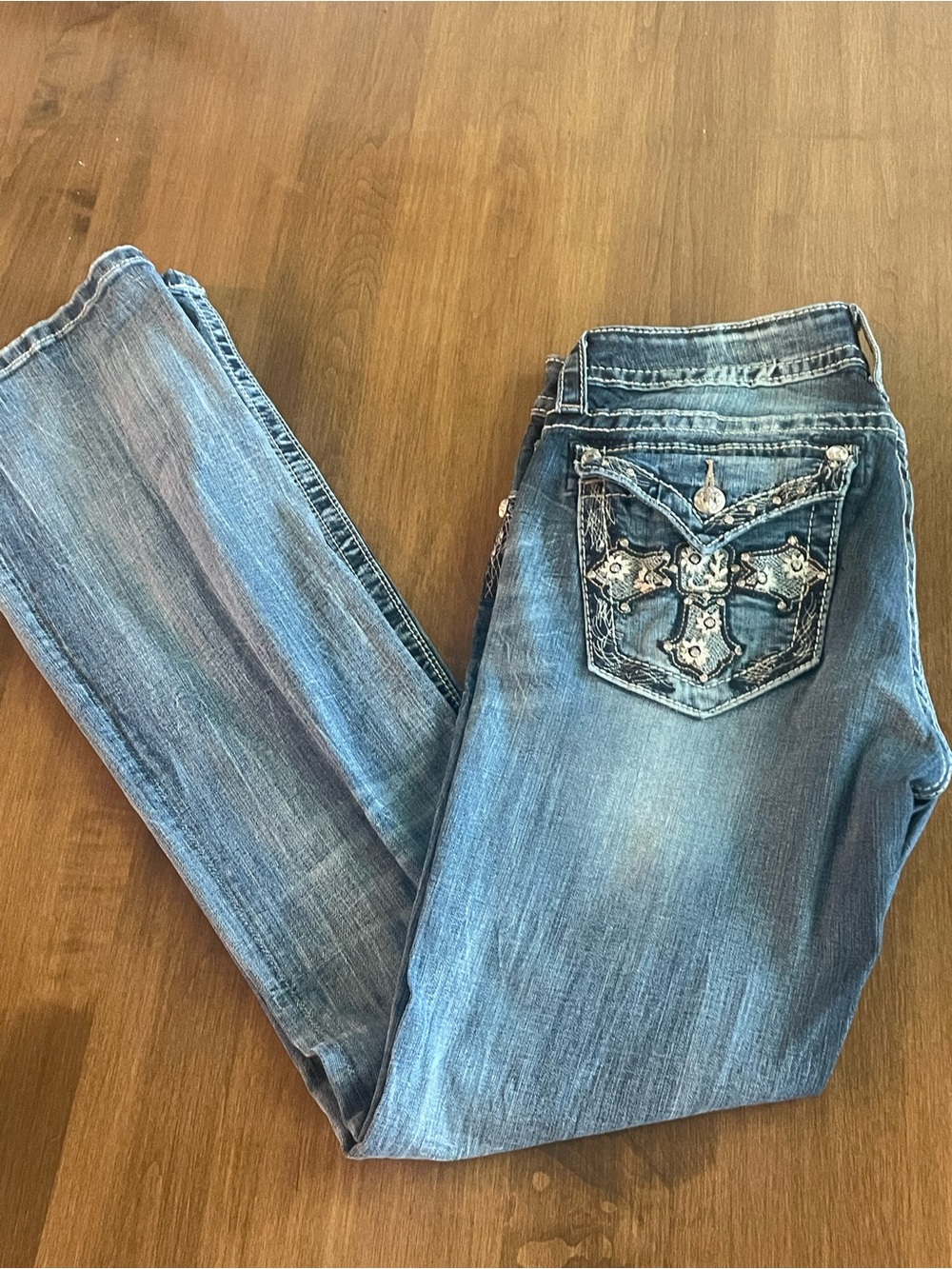 Miss Me Light Blue Boot-Cut Jeans with Embroidered Pocket Cross
